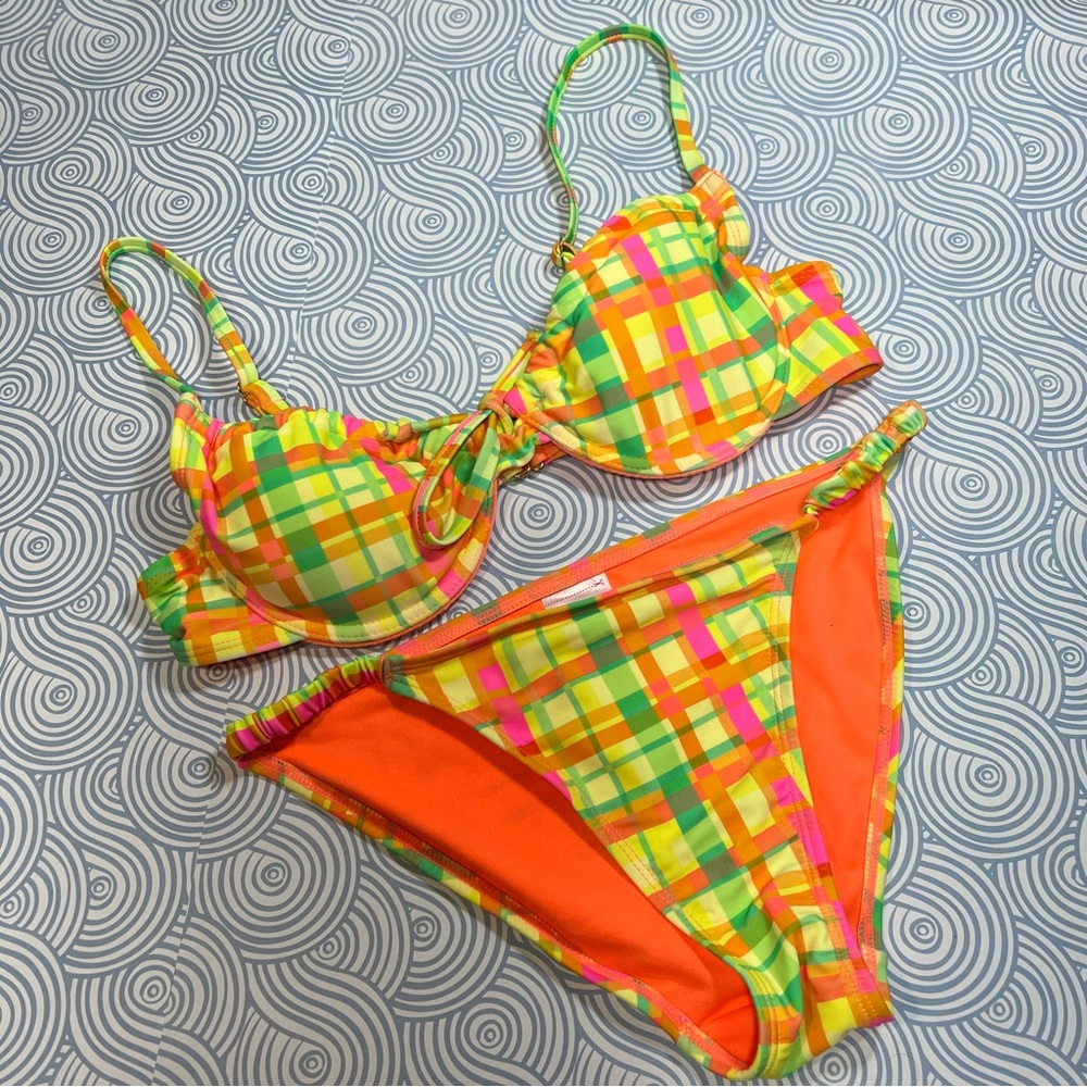 Neon Plaid Bikini Small Top Medium Bottoms